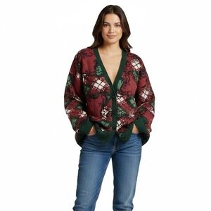 Vintage 90s Hand Knit Chunky Oversized Cardigan Sweater L Red Argyle Green